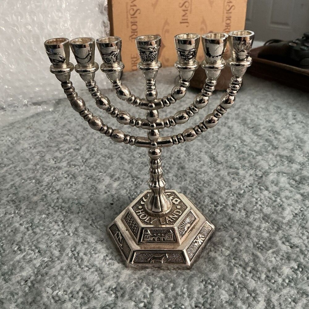 Silver Plated Jerusalem 7 Branch Menorah 12 Tribes Israel Holy Land 5.5”